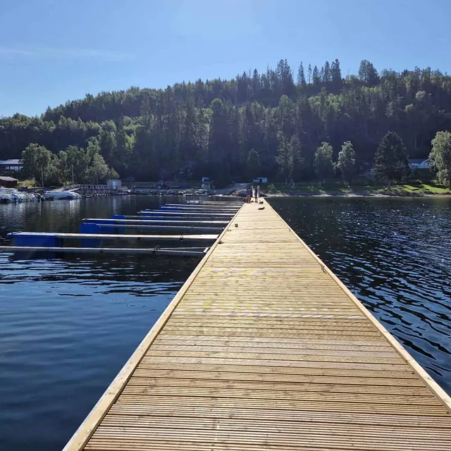 Lang trebrygge strekker seg ut i småbåthavn omgitt av skogkledd åsside i solskinn.
