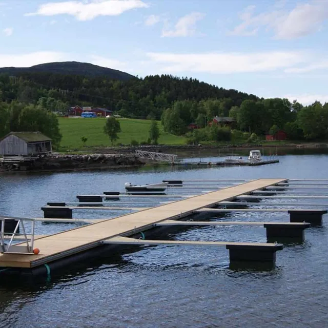 Tom småbåthavn med lang trebrygge omgitt av grønne marker og skog.